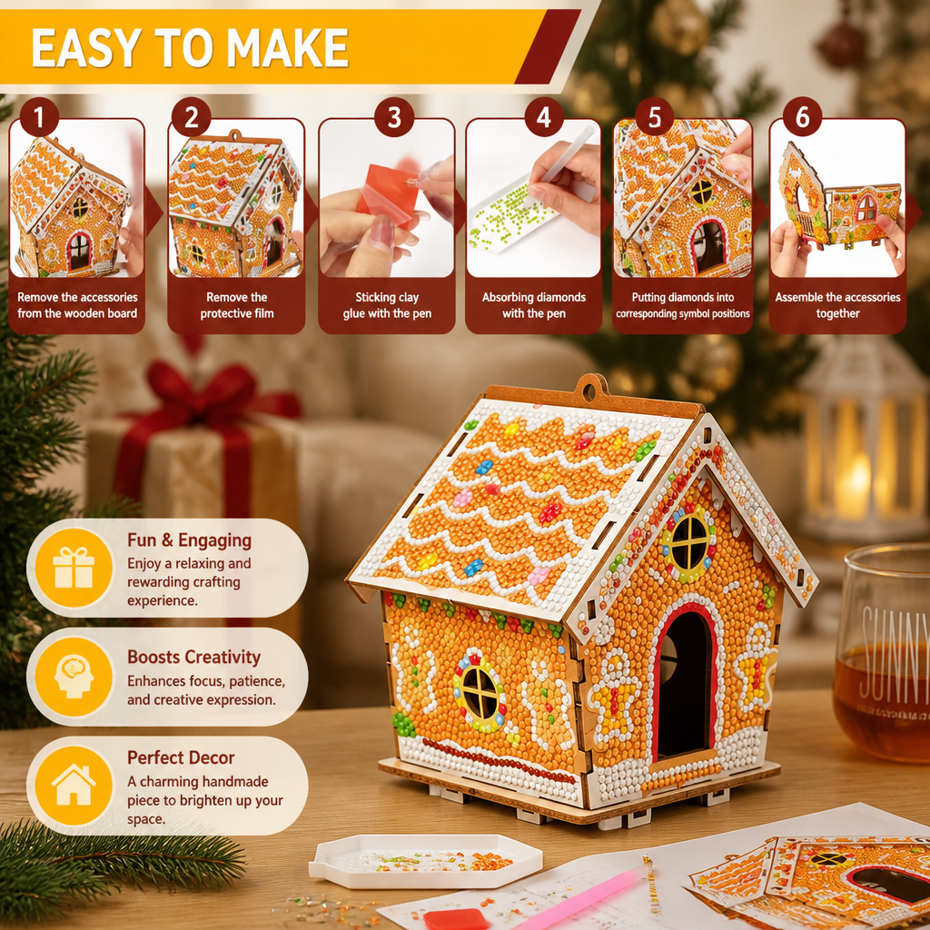 DIY 3D Wooden Gingerbread House Puzzle & Diamond Art Kit