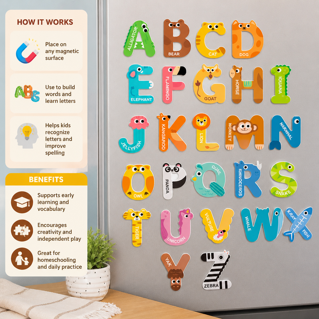 Animal Alphabet & Number Fridge Magnets – Kids’ Spelling and Learning Set