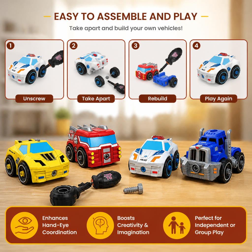 4-Piece DIY Take-Apart City Vehicle Set with Toy Drill