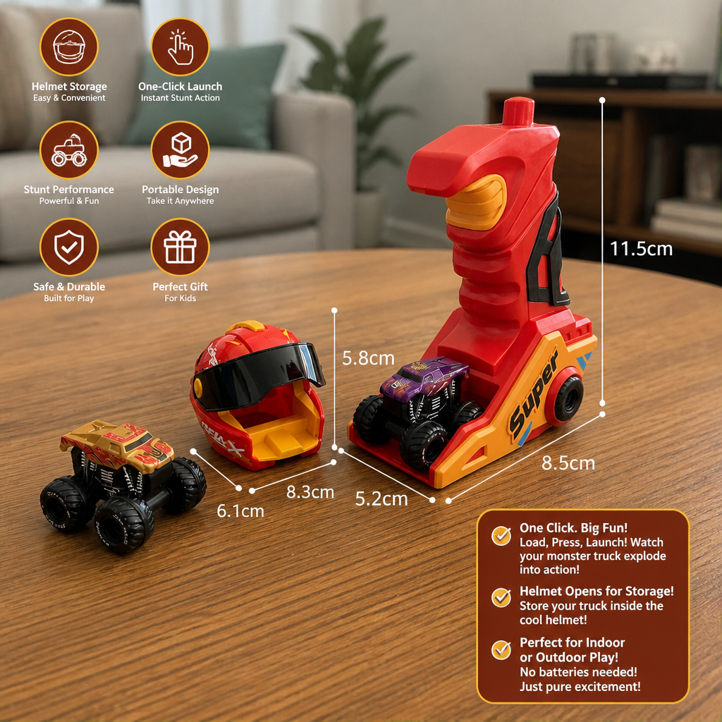 One-Click Monster Truck Launcher with Helmet & Handle Design