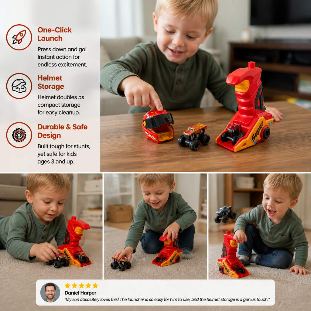 One-Click Monster Truck Launcher with Helmet & Handle Design