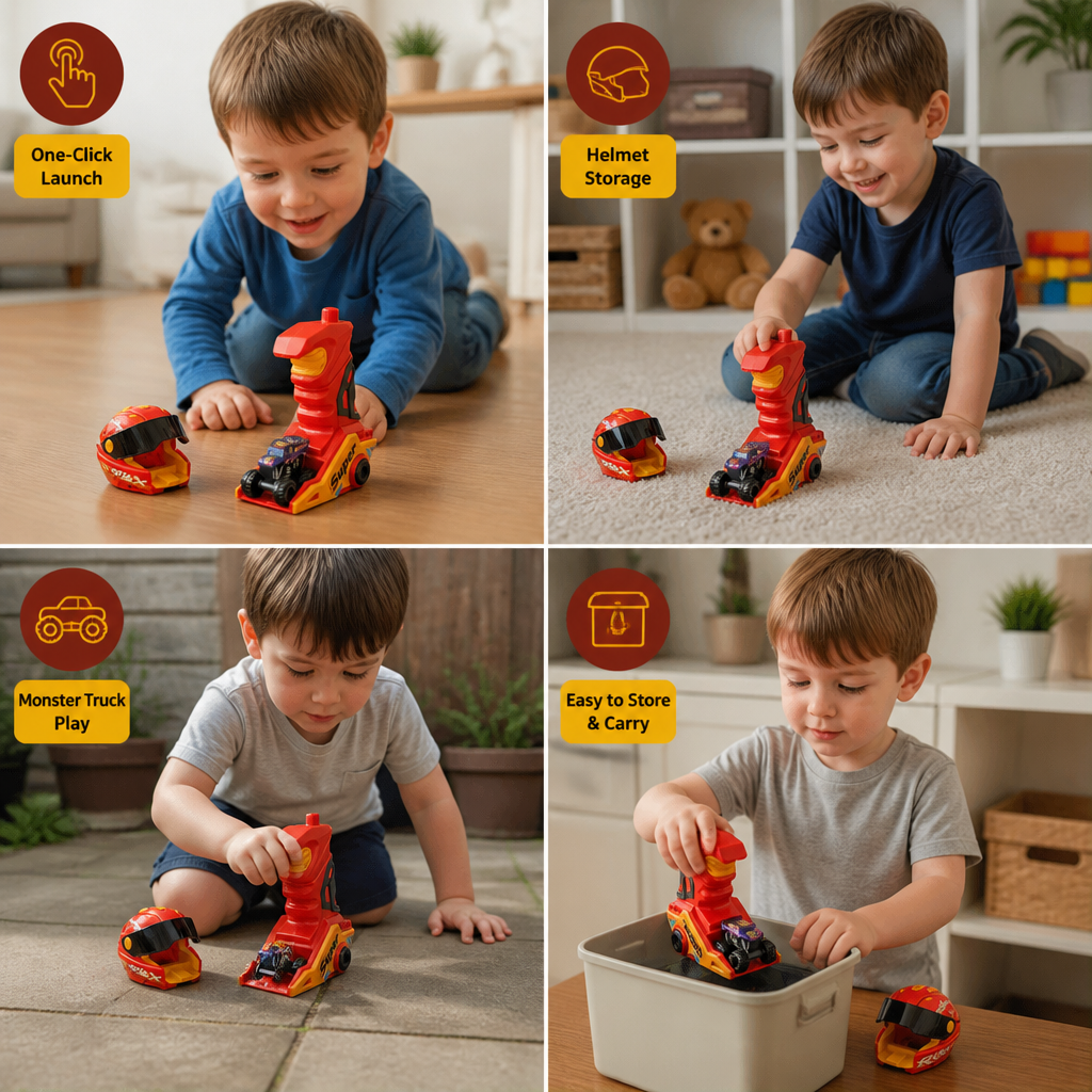 One-Click Monster Truck Launcher with Helmet & Handle Design