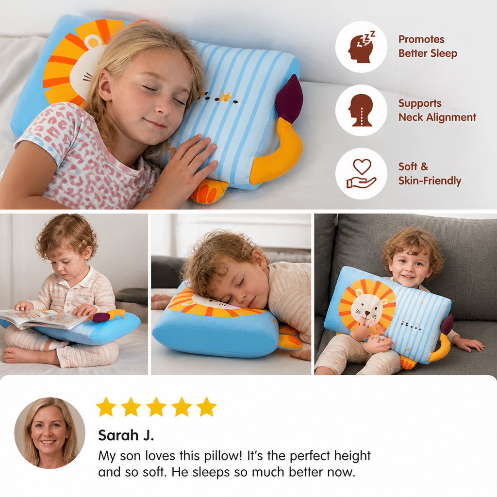 Calming Ergonomic Kids’ Pillow with Cartoon Animal Pillowcase