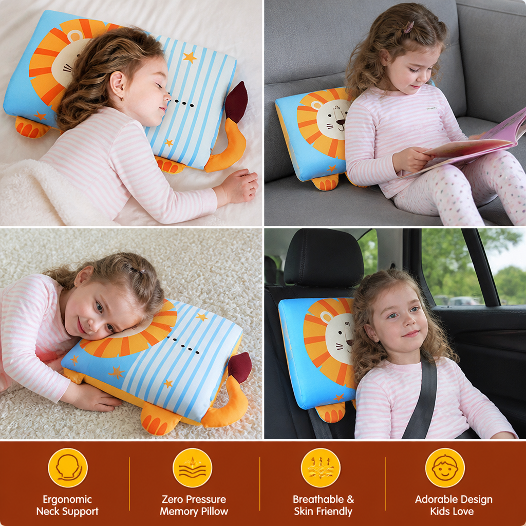 Calming Ergonomic Kids’ Pillow with Cartoon Animal Pillowcase