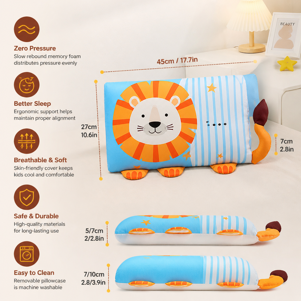 Calming Ergonomic Kids’ Pillow with Cartoon Animal Pillowcase