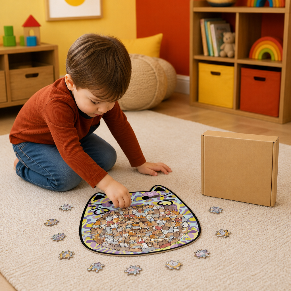 135-Piece Wooden Jigsaw Puzzle with Cat-Shaped Pieces