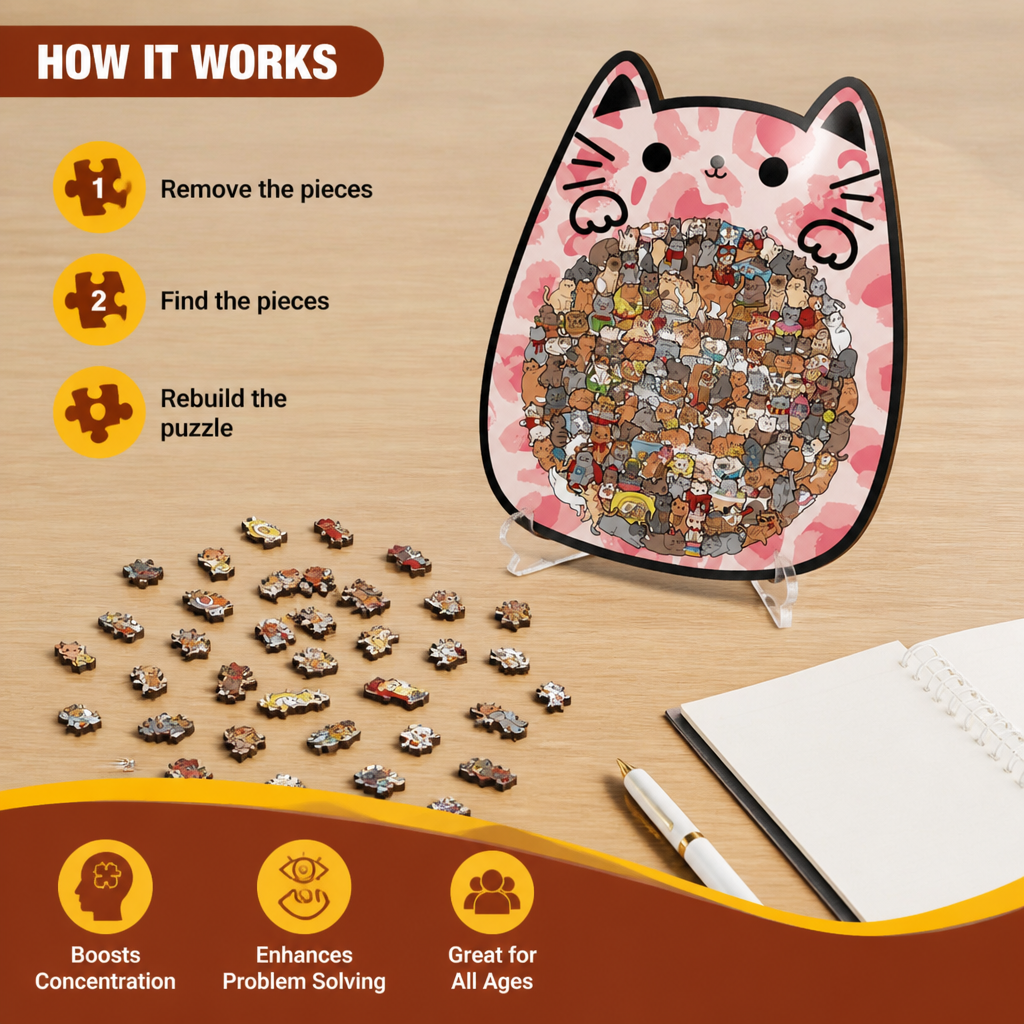 135-Piece Wooden Jigsaw Puzzle with Cat-Shaped Pieces
