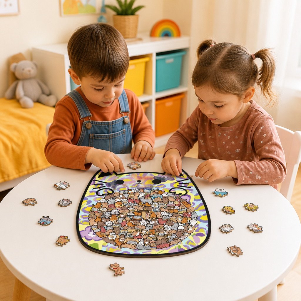 135-Piece Wooden Jigsaw Puzzle with Cat-Shaped Pieces