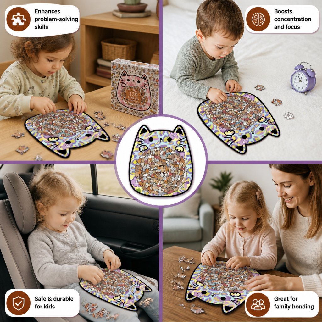 135-Piece Wooden Jigsaw Puzzle with Cat-Shaped Pieces