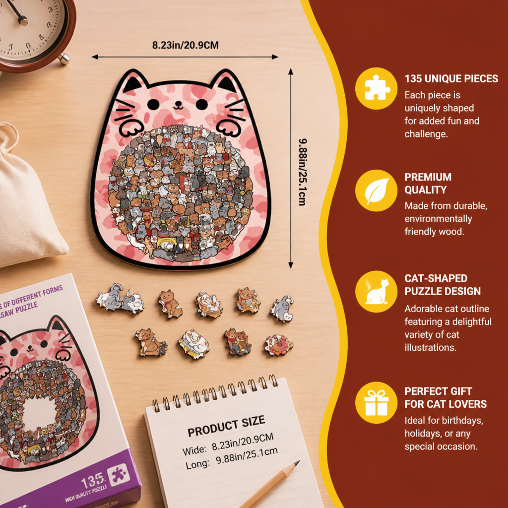 135-Piece Wooden Jigsaw Puzzle with Cat-Shaped Pieces