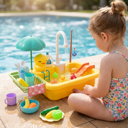 Kids Play Kitchen Sink Set with Running Water & Fishing Game