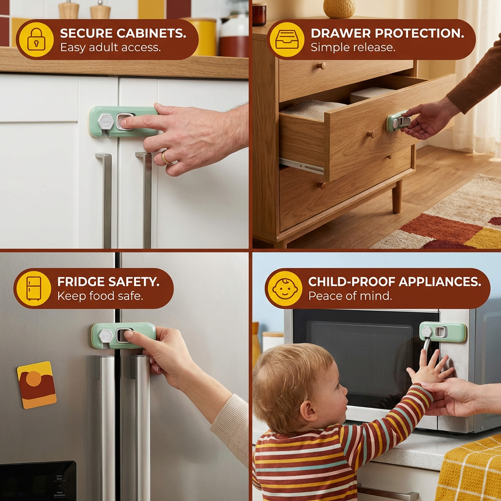 2-Pack Child Safety Locks for Cabinets, Fridge & Drawers – Multi-Purpose Safety Latches for Babies & Kids