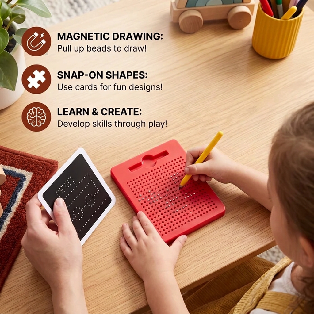 2-in-1 Magnetic Writing & Drawing Board with Snap-On Shape Tiles for Kids