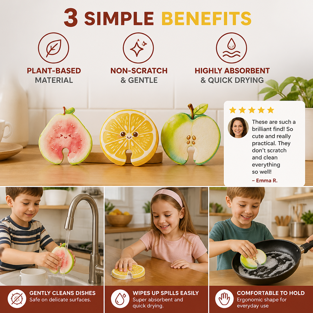 Fruit-Shaped Pop-Up Cellulose Sponges – 3-Pack of Plant-Based, Non-Scratch Kitchen Sponges