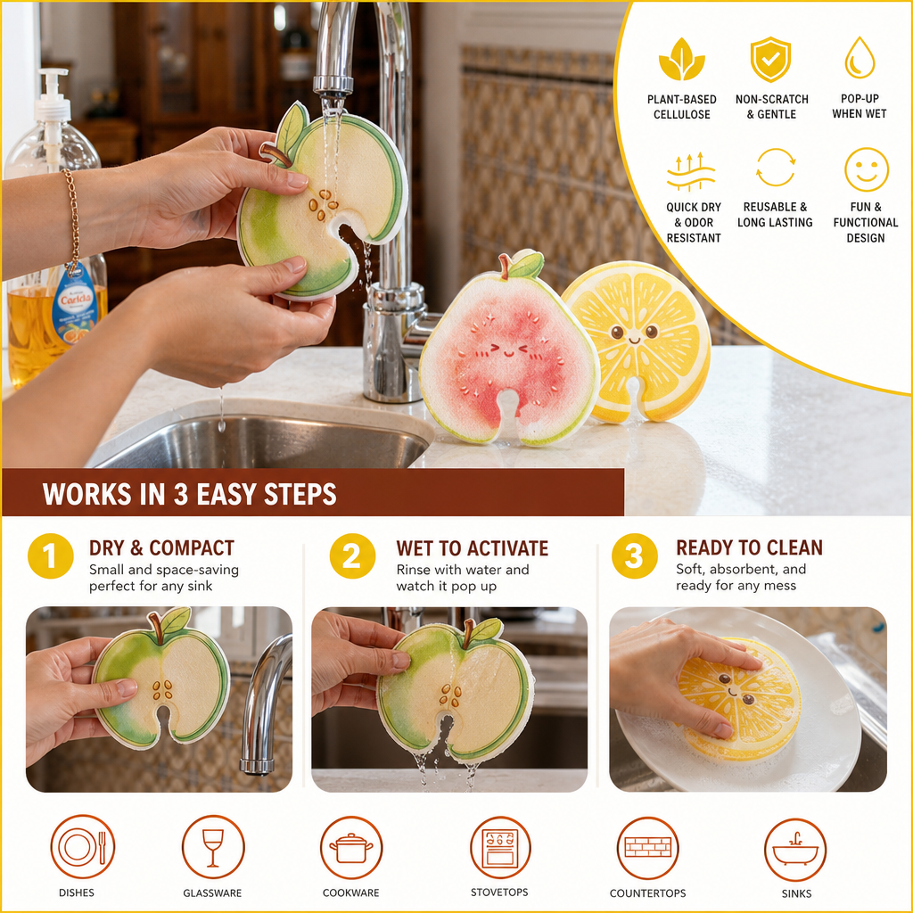 Fruit-Shaped Pop-Up Cellulose Sponges – 3-Pack of Plant-Based, Non-Scratch Kitchen Sponges