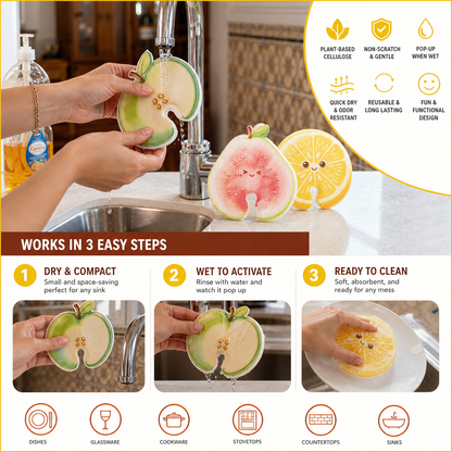 Fruit-Shaped Pop-Up Cellulose Sponges – 3-Pack of Plant-Based, Non-Scratch Kitchen Sponges