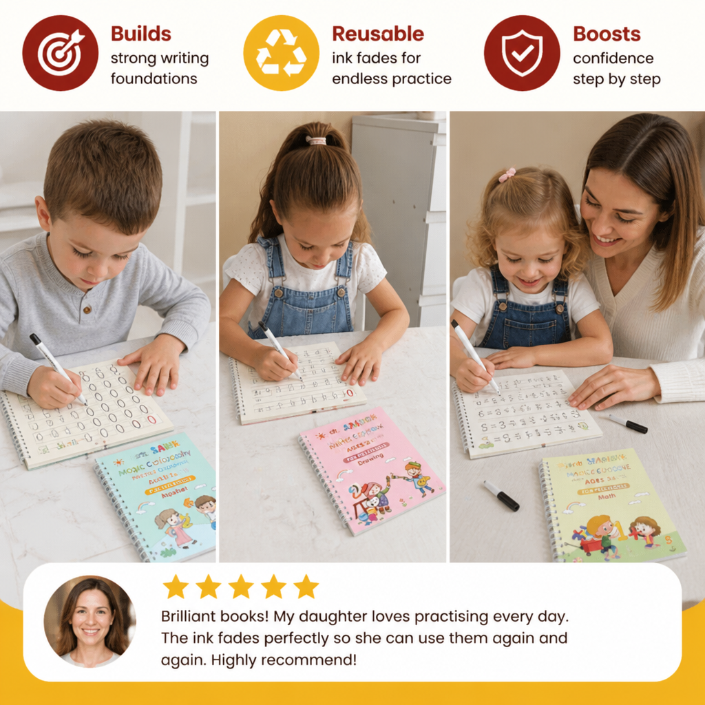 Magic Reusable Grooved Handwriting Practice Books with Disappearing Ink Pens
