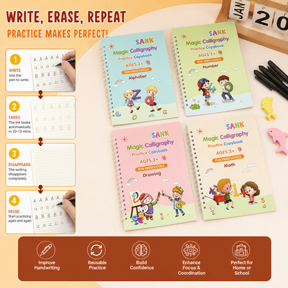 Magic Reusable Grooved Handwriting Practice Books with Disappearing Ink Pens
