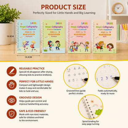 Magic Reusable Grooved Handwriting Practice Books with Disappearing Ink Pens
