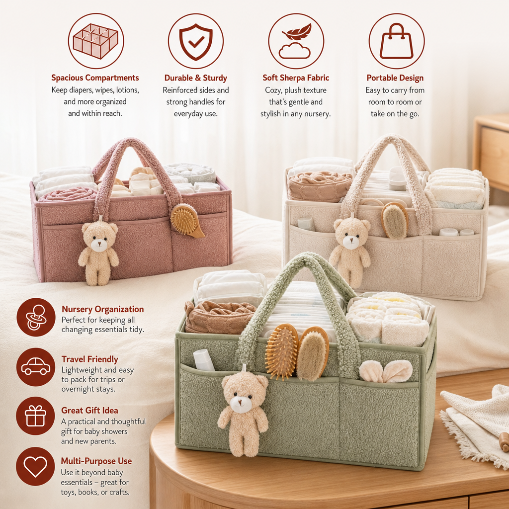 Plush Sherpa Baby Diaper Caddy – Storage Basket for Nursery & Changing Table