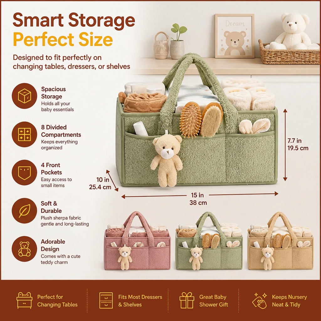 Plush Sherpa Baby Diaper Caddy – Storage Basket for Nursery & Changing Table