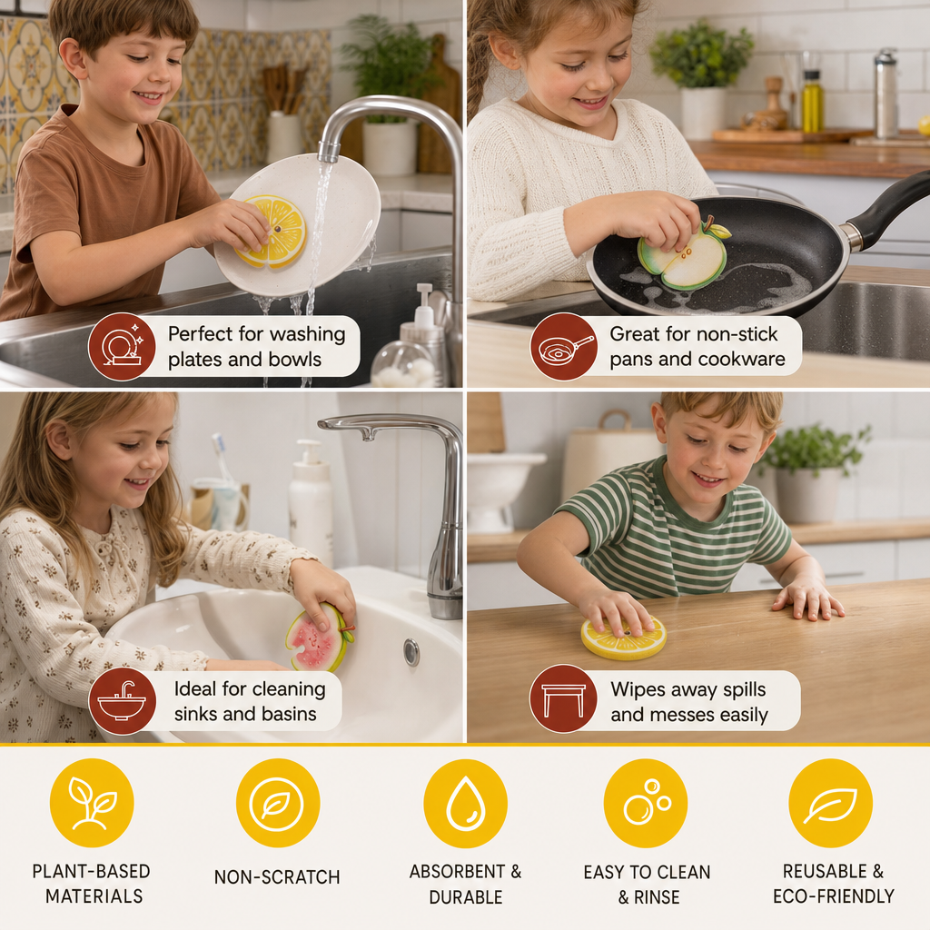 Fruit-Shaped Pop-Up Cellulose Sponges – 3-Pack of Plant-Based, Non-Scratch Kitchen Sponges