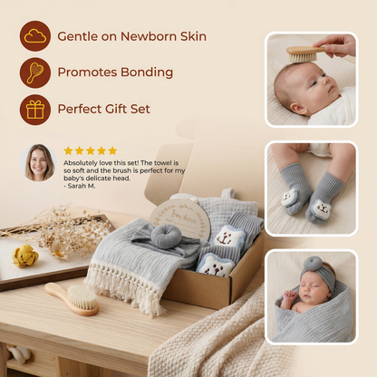 Baby Care Gift Box – Towel, Socks or Headband & Bath Brush for Newborns