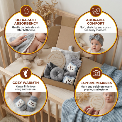 Baby Care Gift Box – Towel, Socks or Headband & Bath Brush for Newborns