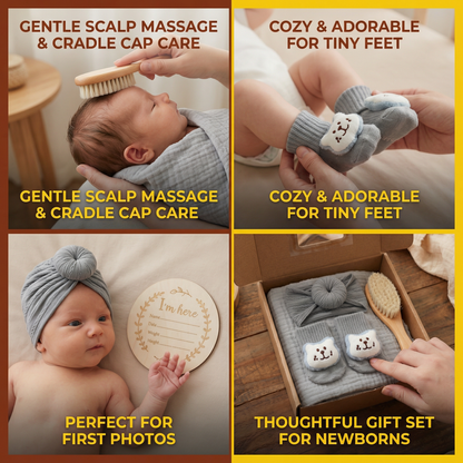 Baby Care Gift Box – Towel, Socks or Headband & Bath Brush for Newborns
