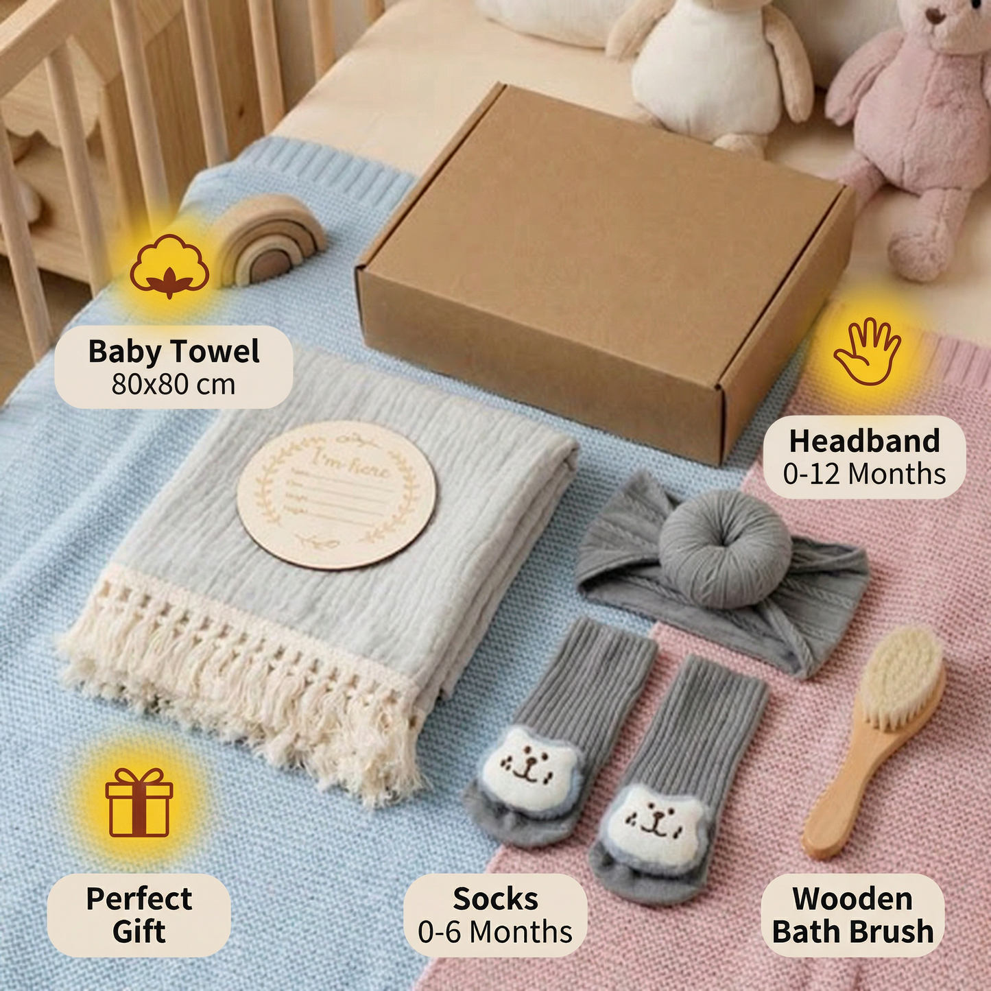 Baby Care Gift Box – Towel, Socks or Headband & Bath Brush for Newborns