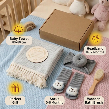 Baby Care Gift Box – Towel, Socks or Headband & Bath Brush for Newborns