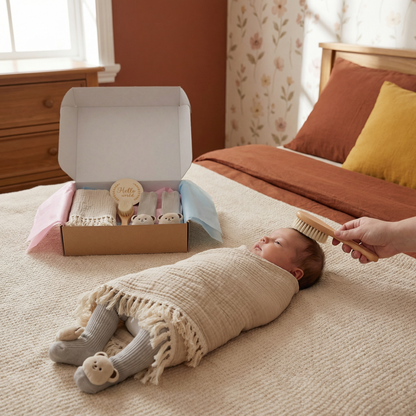 Baby Care Gift Box – Towel, Socks or Headband & Bath Brush for Newborns