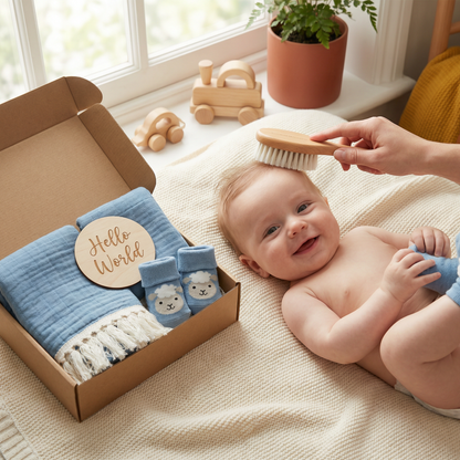 Baby Care Gift Box – Towel, Socks or Headband & Bath Brush for Newborns