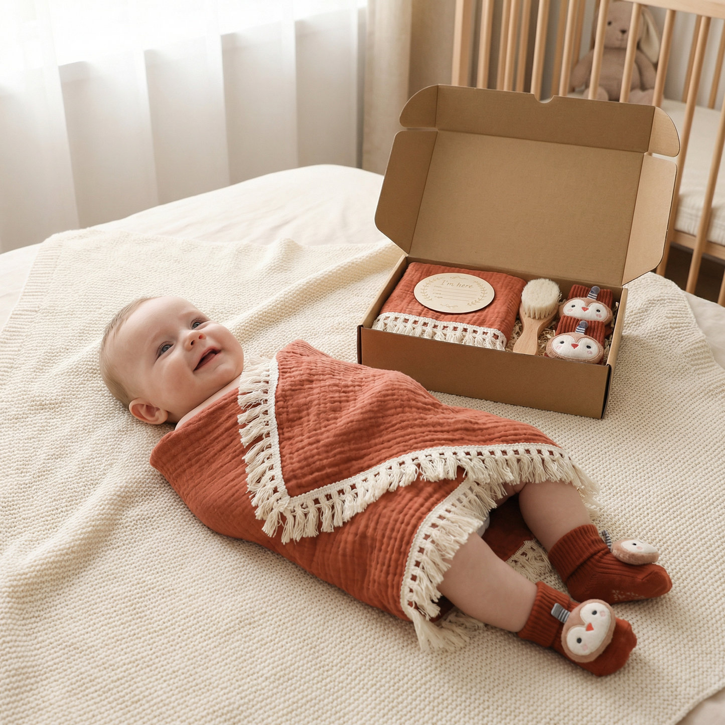 Baby Care Gift Box – Towel, Socks or Headband & Bath Brush for Newborns