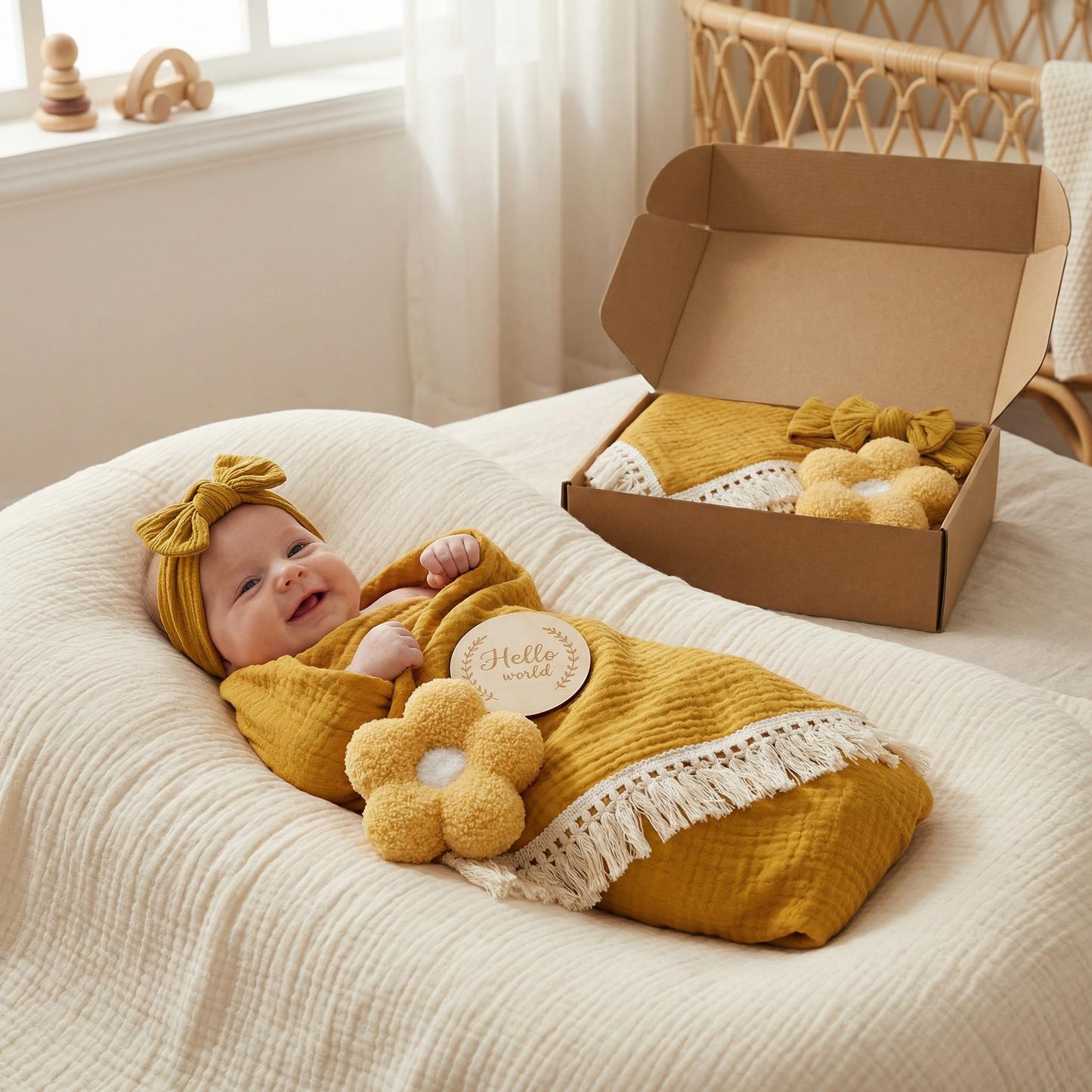 Baby Care Gift Box – Towel, Socks or Headband & Bath Brush for Newborns
