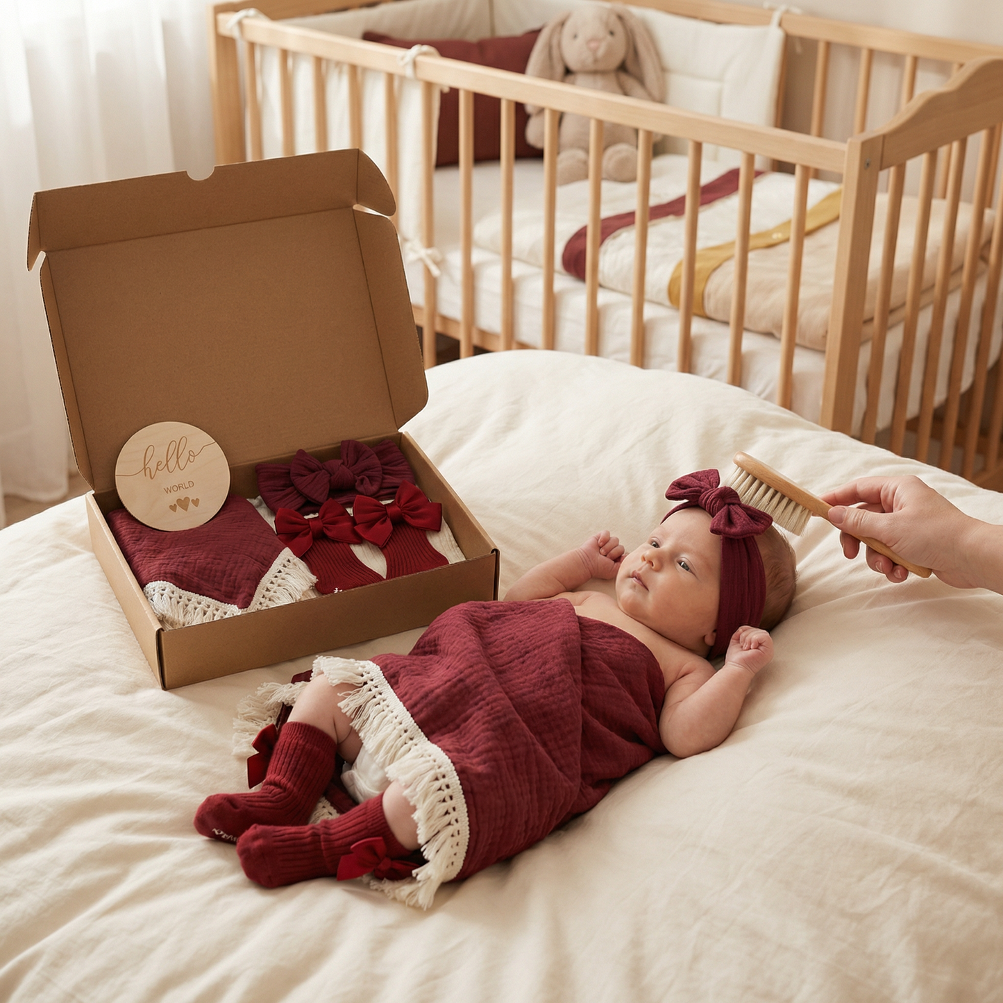Baby Care Gift Box – Towel, Socks or Headband & Bath Brush for Newborns