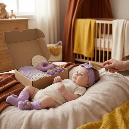Baby Care Gift Box – Towel, Socks or Headband & Bath Brush for Newborns