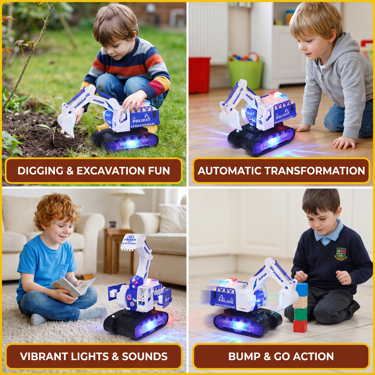 Electric Transforming Robot Excavator Toy with Lights & Sounds