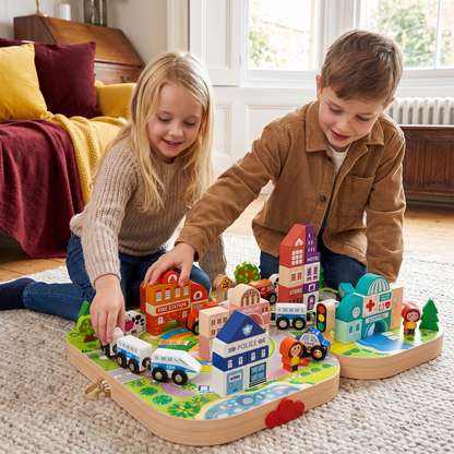 Wooden City Building Blocks & Train Track Travel Set