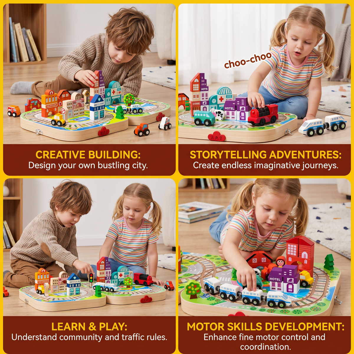 Wooden City Building Blocks & Train Track Travel Set