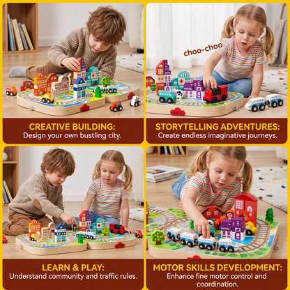 Wooden City Building Blocks & Train Track Travel Set