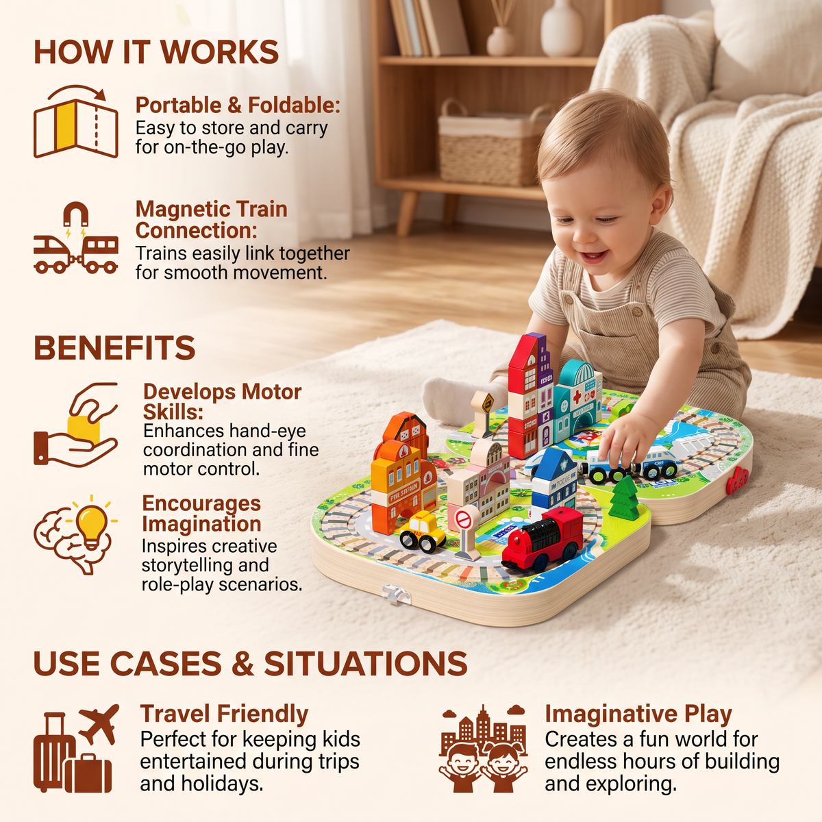 Wooden City Building Blocks & Train Track Travel Set