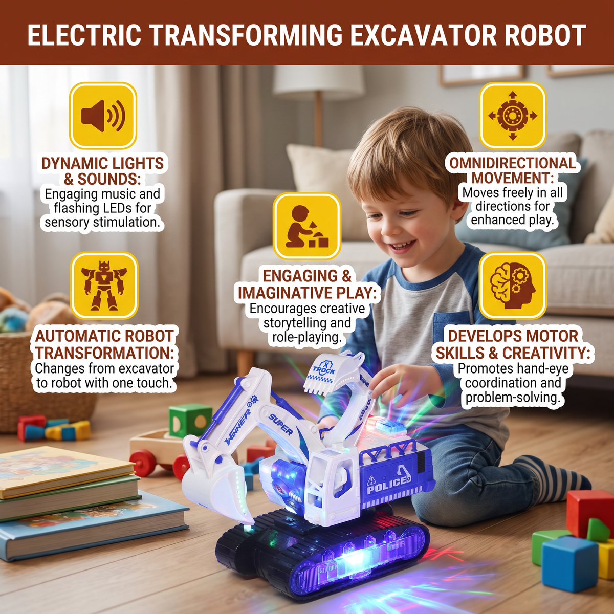 Electric Transforming Robot Excavator Toy with Lights & Sounds
