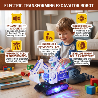 Electric Transforming Robot Excavator Toy with Lights & Sounds