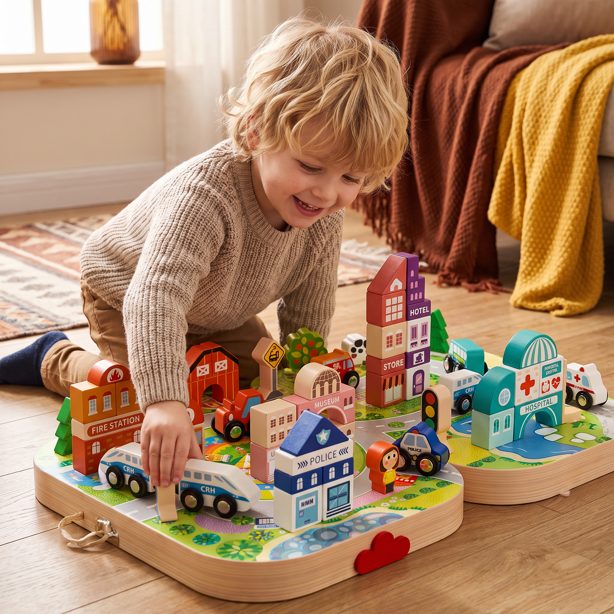 Wooden City Building Blocks & Train Track Travel Set
