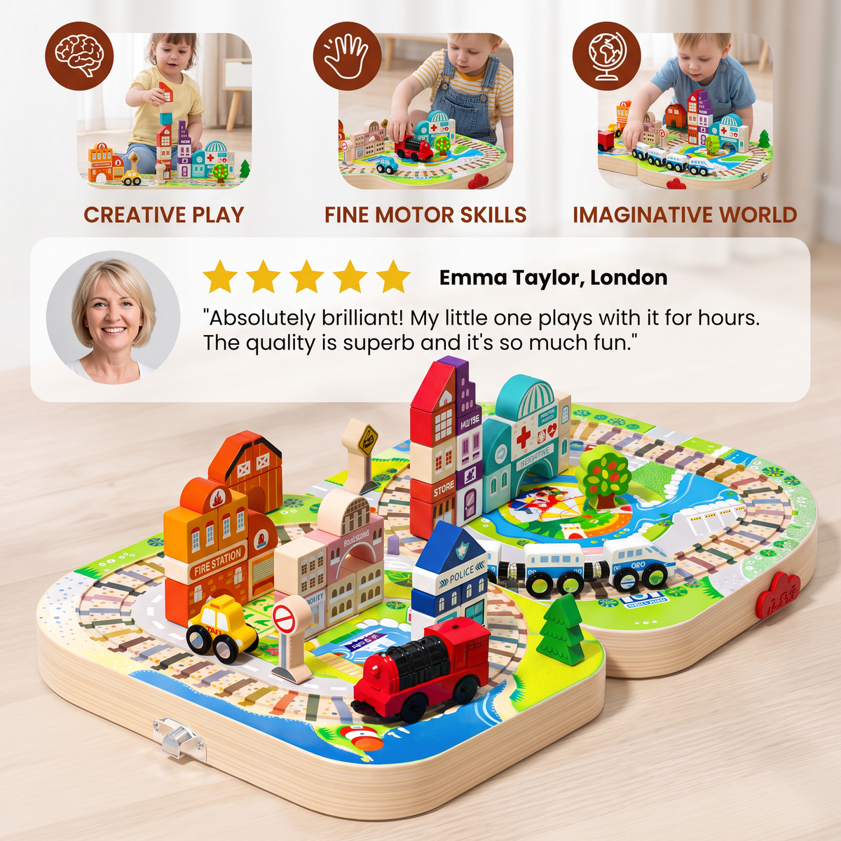 Wooden City Building Blocks & Train Track Travel Set