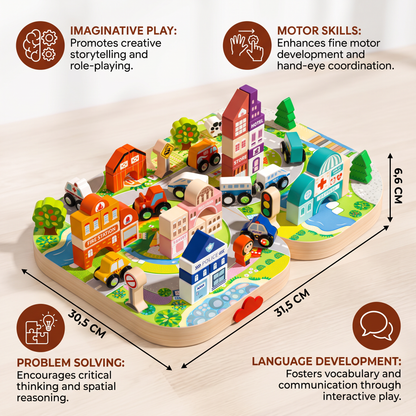 Wooden City Building Blocks & Train Track Travel Set