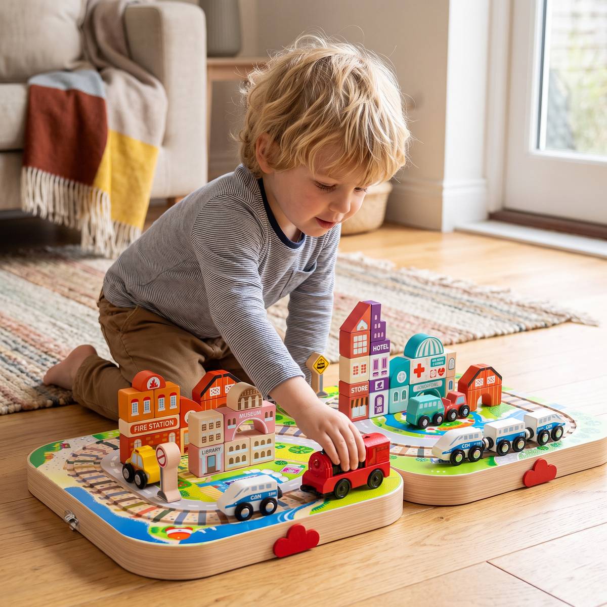 Wooden City Building Blocks & Train Track Travel Set