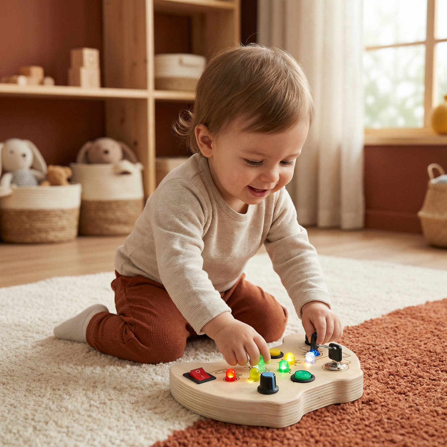 Wooden LED Busy Board Controller – Montessori Sensory Learning Toy for Motor Skills