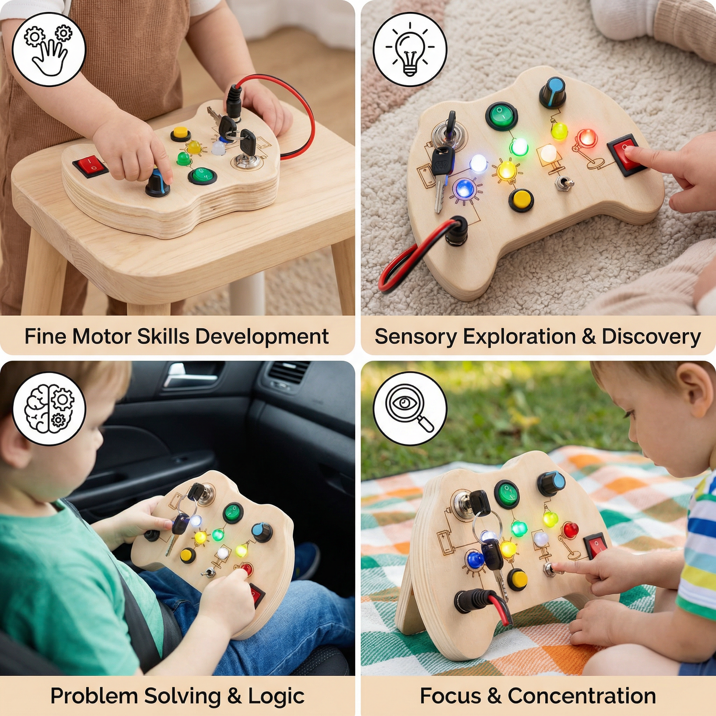 Wooden LED Busy Board Controller – Montessori Sensory Learning Toy for Motor Skills
